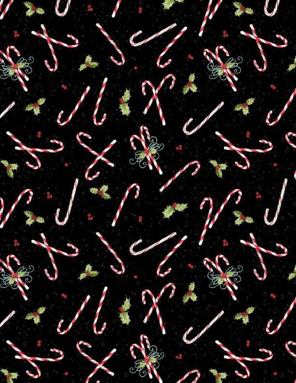 Wilmington Fabrics Peppermint Parlor Candy Canes on Black