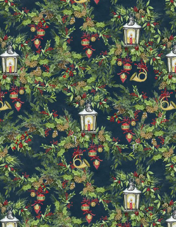 Wilmington Prints Fabrics Winter Hollow Lanterns on Navy