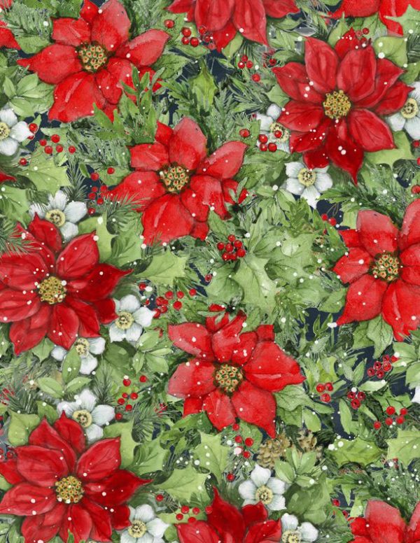 Wilmington Prints Fabrics Winter Hollow Poinsettias on Navy