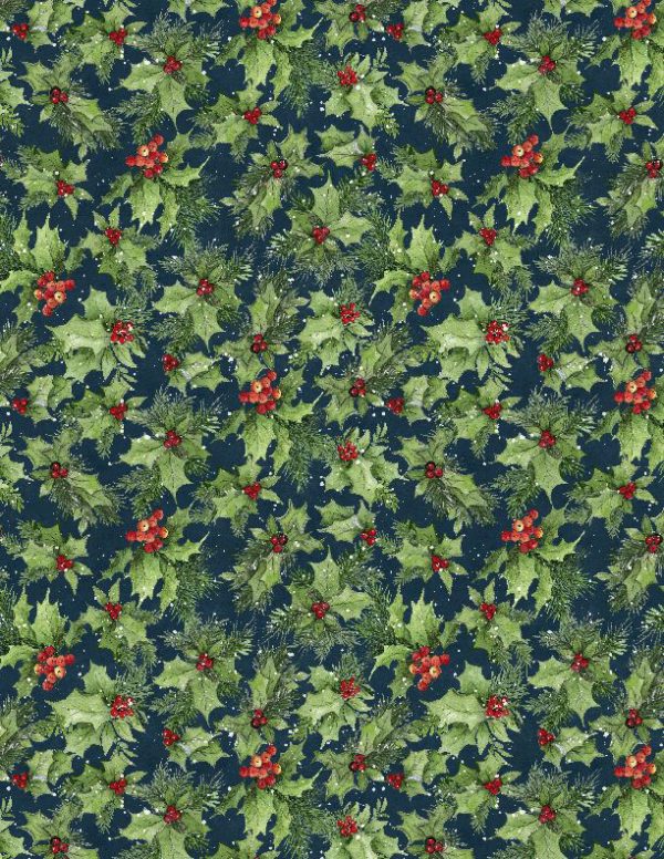 Wilmington Prints Fabric Winter Hollow Holly on Navy