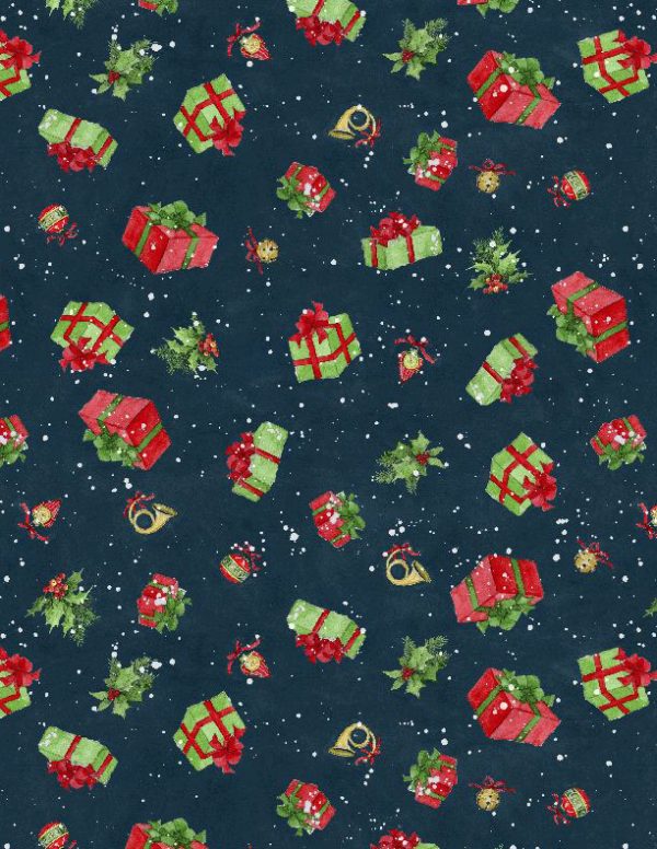 Wilmington Prints Fabrics Winter Hollow Gifts on Navy