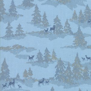 Moda Fabrics Forest Frost Deer in snow Laden Forest with Gold Glitter