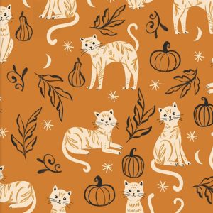 3 Wishes Fabric Too Cute to Spook Cutsie Cats on Spiced Pumpkin Background
