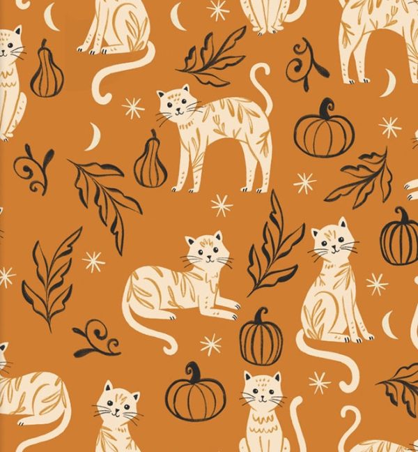 3 Wishes Fabric Too Cute to Spook Cutsie Cats on Spiced Pumpkin Background