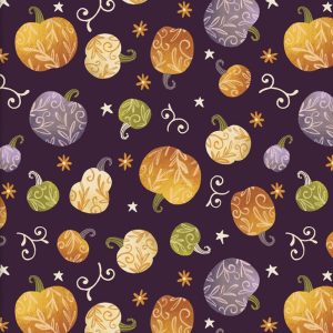 3 Wishes Fabric Too Cute to Spook Pumpkin Spice on a Dark Purple background