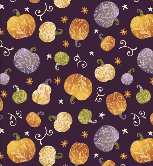 3 Wishes Fabric Too Cute to Spook Pumpkin Spice on a Dark Purple background