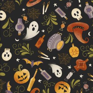 3 Wishes Fabric Too Cute to Spook Spooky & Sweet on a Black background