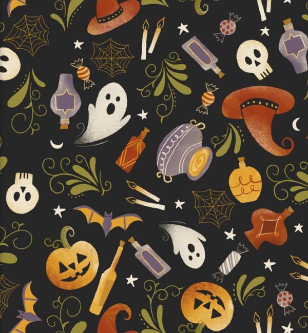 3 Wishes Fabric Too Cute to Spook Spooky & Sweet on a Black background