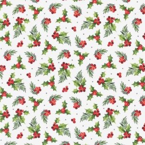 Northcott Fabrics Farmhouse Christmas Holly Toss on a White Background