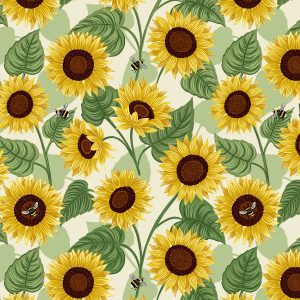 Lewis & Irene Fabrics Large Sunflowers and Bees on Cream