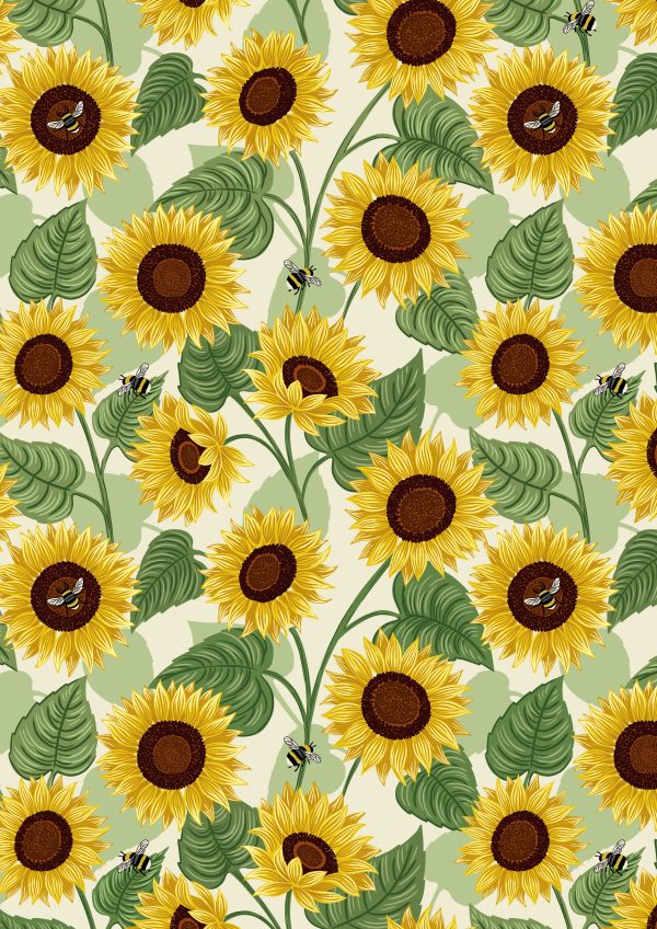 Lewis & Irene Fabrics Large Sunflowers and Bees on Cream