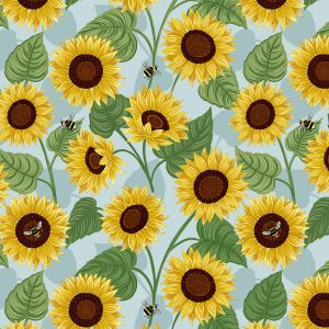 Lewis & Irene Fabrics Sunflowers and Bees on Light Blue