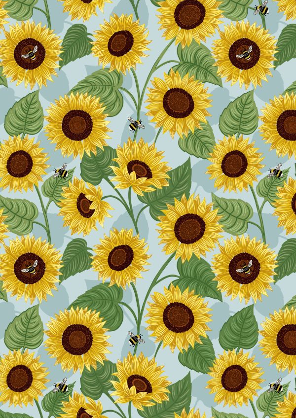 Lewis & Irene Fabrics Sunflowers and Bees on Light Blue