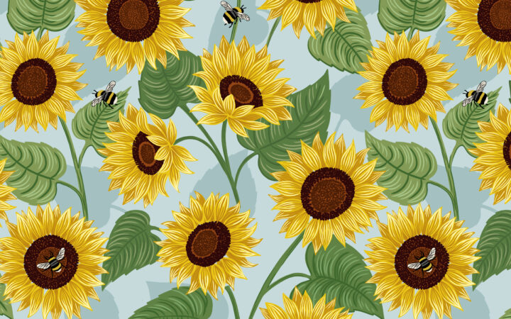 Lewis & Irene Sunflowers and Bees on Light Blue