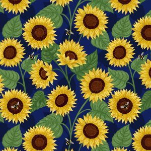 ewis & Irene Fabrics Sunflowers and Bees on Dark Blue