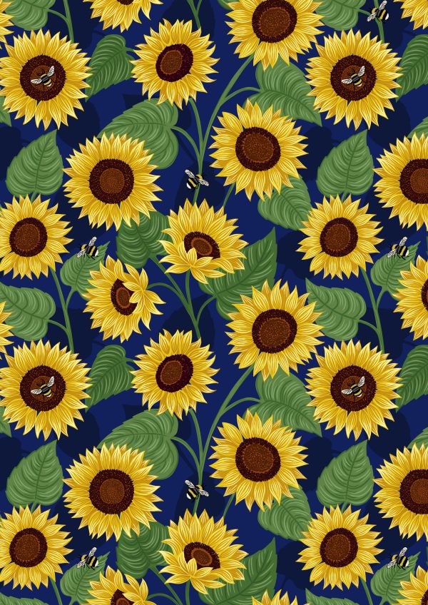 ewis & Irene Fabrics Sunflowers and Bees on Dark Blue