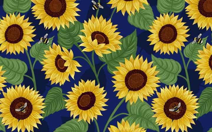 Lewis & Irene Sunflowers and Bees on Dark Blue