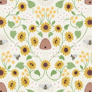 Lewis & Irene Fabrics Sunflowers Beehive on Cream