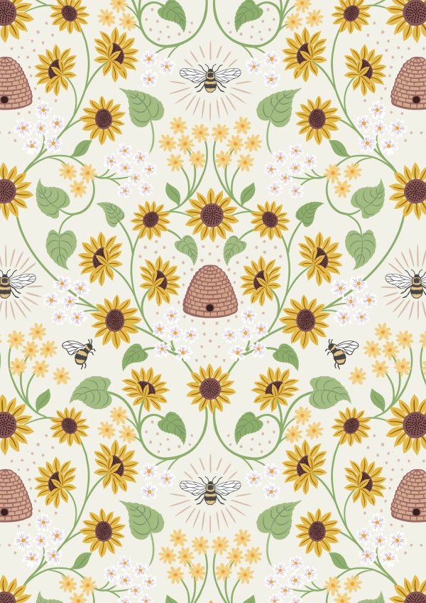 Lewis & Irene Fabrics Sunflowers Beehive on Cream