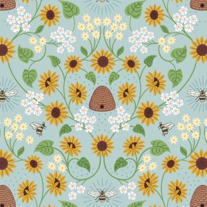 Lewis & Irene Fabrics Sunflowers Beehive on Pale Blue