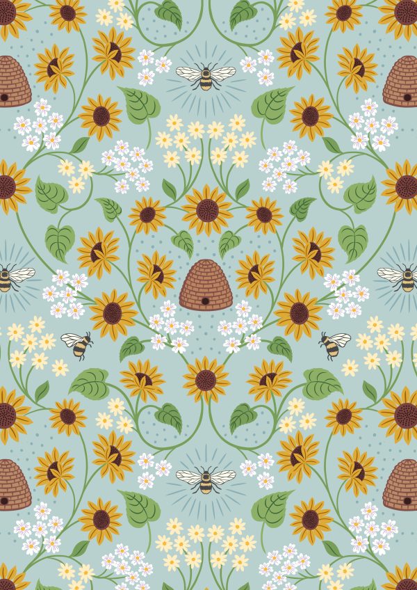 Lewis & Irene Fabrics Sunflowers Beehive on Pale Blue