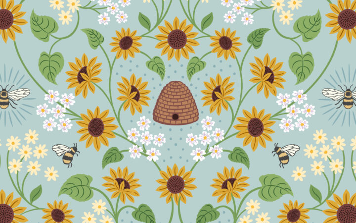Lewis & Irene Sunflowers Beehive on Blue