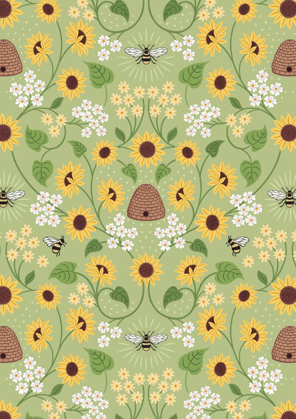 Lewis & Irene Fabrics Sunflowers Beehive on Green