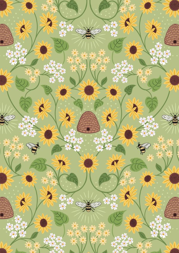 Lewis & Irene Fabrics Sunflowers Beehive on Green