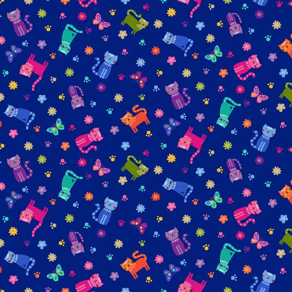 Makower Fabrics Katie's Cats Colourful Scattered Cats on Blue