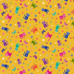 Makower Fabrics Katie's Cats Colourful Scattered Cats on Rich Yellow