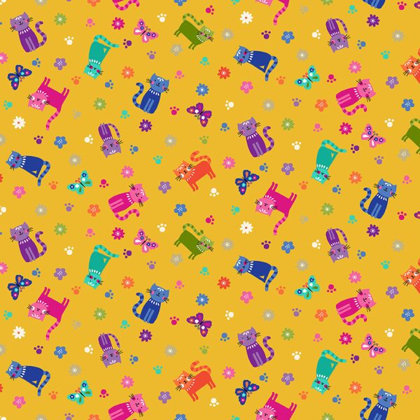 Makower Fabrics Katie's Cats Colourful Scattered Cats on Rich Yellow