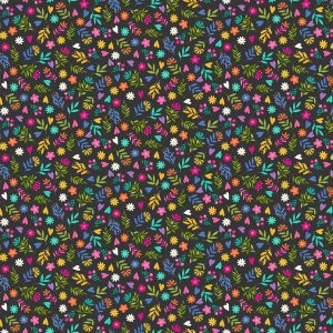 Makower Fabrics Katie's Cats Ditzy Flowers on Dark Grey