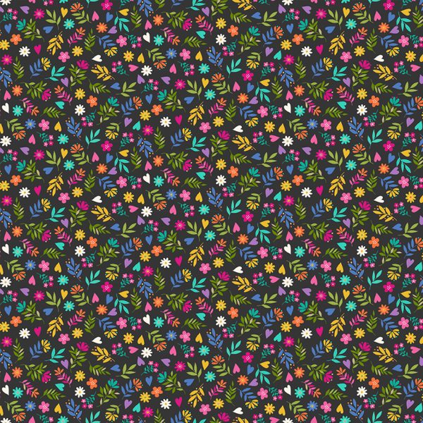 Makower Fabrics Katie's Cats Ditzy Flowers on Dark Grey