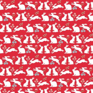 Poppie Cotton Poppie's Patchwork Club Peter Rabbit bunnies on a Warm Red Background