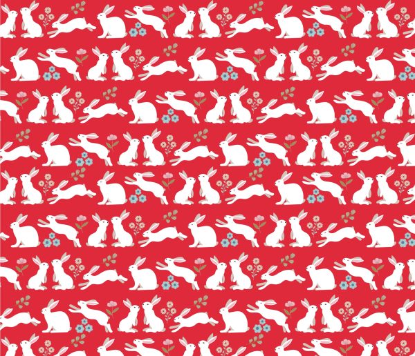 Poppie Cotton Poppie's Patchwork Club Peter Rabbit bunnies on a Warm Red Background