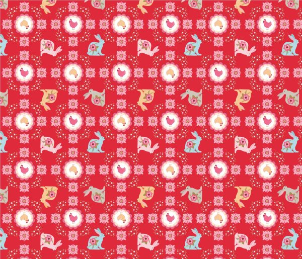 Poppie Cotton Poppie's Patchwork Club Flopsy & Mopsy bunnies, chickens and flowers on red