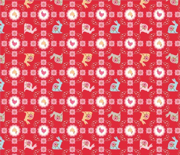 Poppie Cotton Poppie's Patchwork Club Flopsy & Mopsy bunnies, chickens and flowers on red