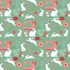 Poppie Cotton Poppie's Patchwork Club Sewing Machines and Rabbits on Mint Green