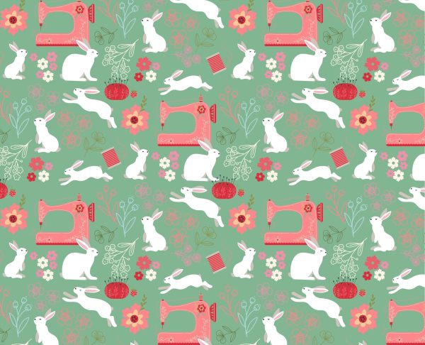 Poppie Cotton Poppie's Patchwork Club Sewing Machines and Rabbits on Mint Green