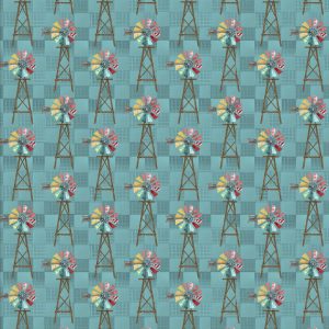 3 Wishes Fabric Shop Hop Colourful Windmills on a Checkered Teal Background