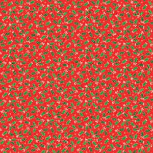 Makower Fabrics Santa's Christmas Holly on Red with Gold Metallic