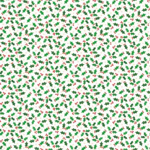 Makower Fabrics Santa's Christmas Holly on White with Gold Metallic