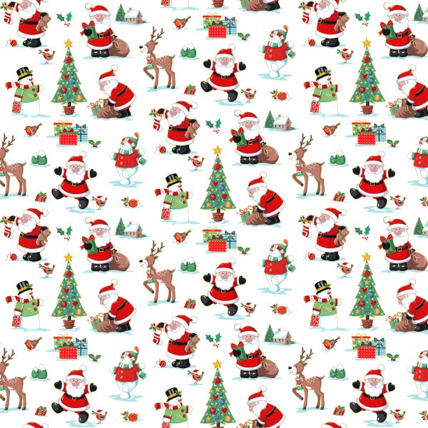 Makower Fabrics Santa's Christmas Scenic on White with Gold Metallic