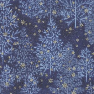 Moda Fabrics Forest Frost Gold Glitter Snowflakes on Pine Trees