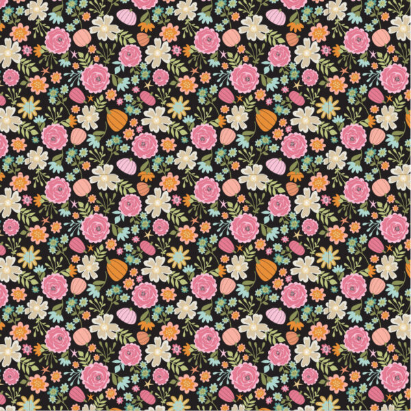 Poppie Cotton Fabric Kitty Loves Candy Pretty Pumpkins on Black