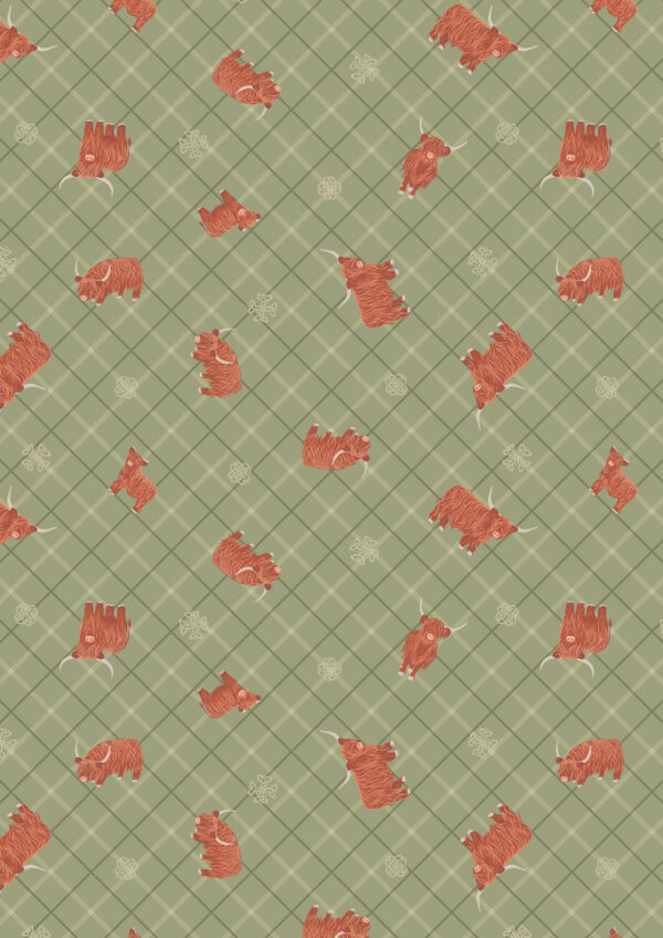 Lewis & Irene Fabrics Highland Cows on Celtic Green