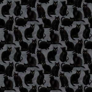 Northcott Fabrics Hallow's Eve Black Cats on a mottled grey background