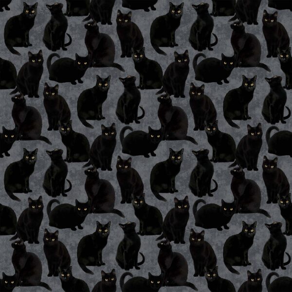 Northcott Fabrics Hallow's Eve Black Cats on a mottled grey background